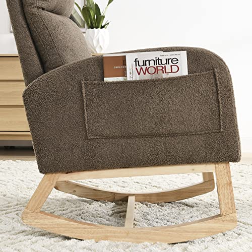 HomSof Modern Accent High Backrest Living Room Lounge Arm Rocking Chair,Two Side Pocket, White Teddy