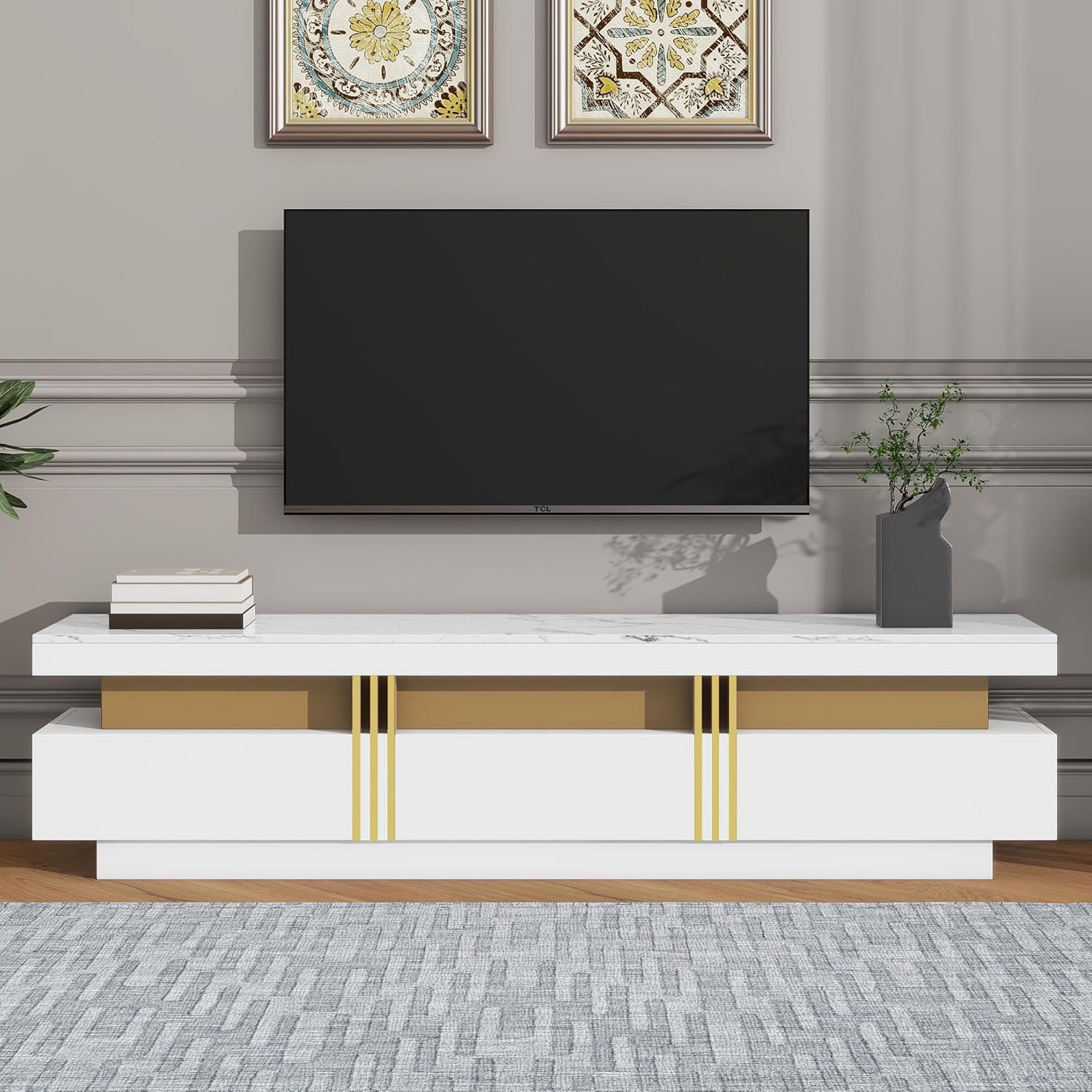 Luxury Stand with High Gloss Faux Marble Top for TVs Up to 78'', Rectangle Media Console with Golden Panel Design, Practical Entertainment Center with 3 Drawers for Living Room, White+Gold