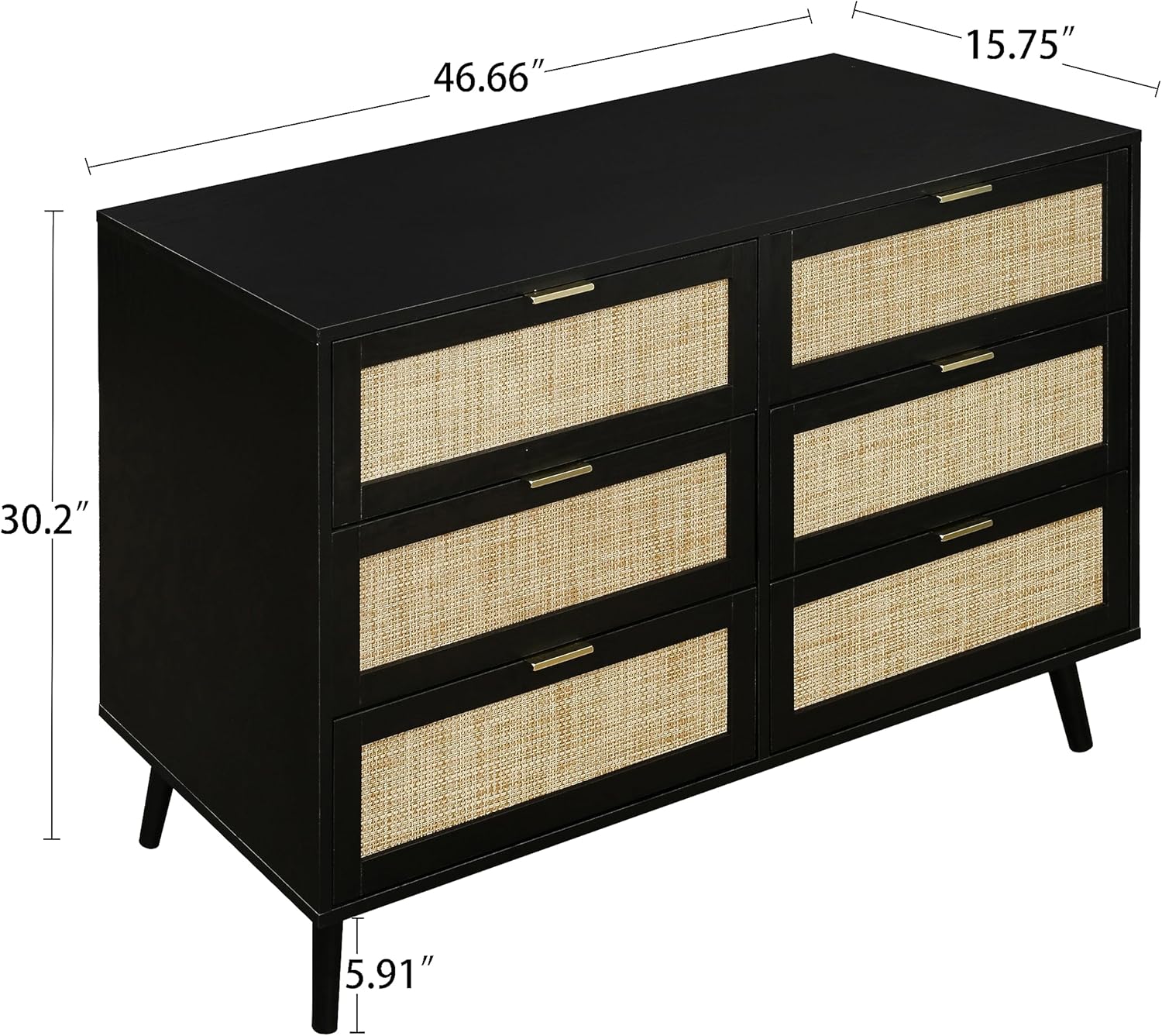 Rattan, Modern, 6 Chest of Drawers Wide Double Dressers, Wood Storage Sideboard TV Cabinet for Bedroom, Living Room, Hallway, Black