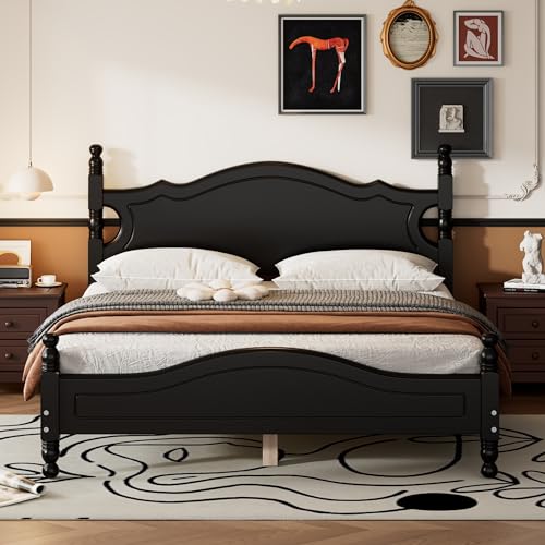 Retro Queen Bed Frame Wood Platform Bed with Headboard and Wooden Slat Support No Box Spring Needed (Black)