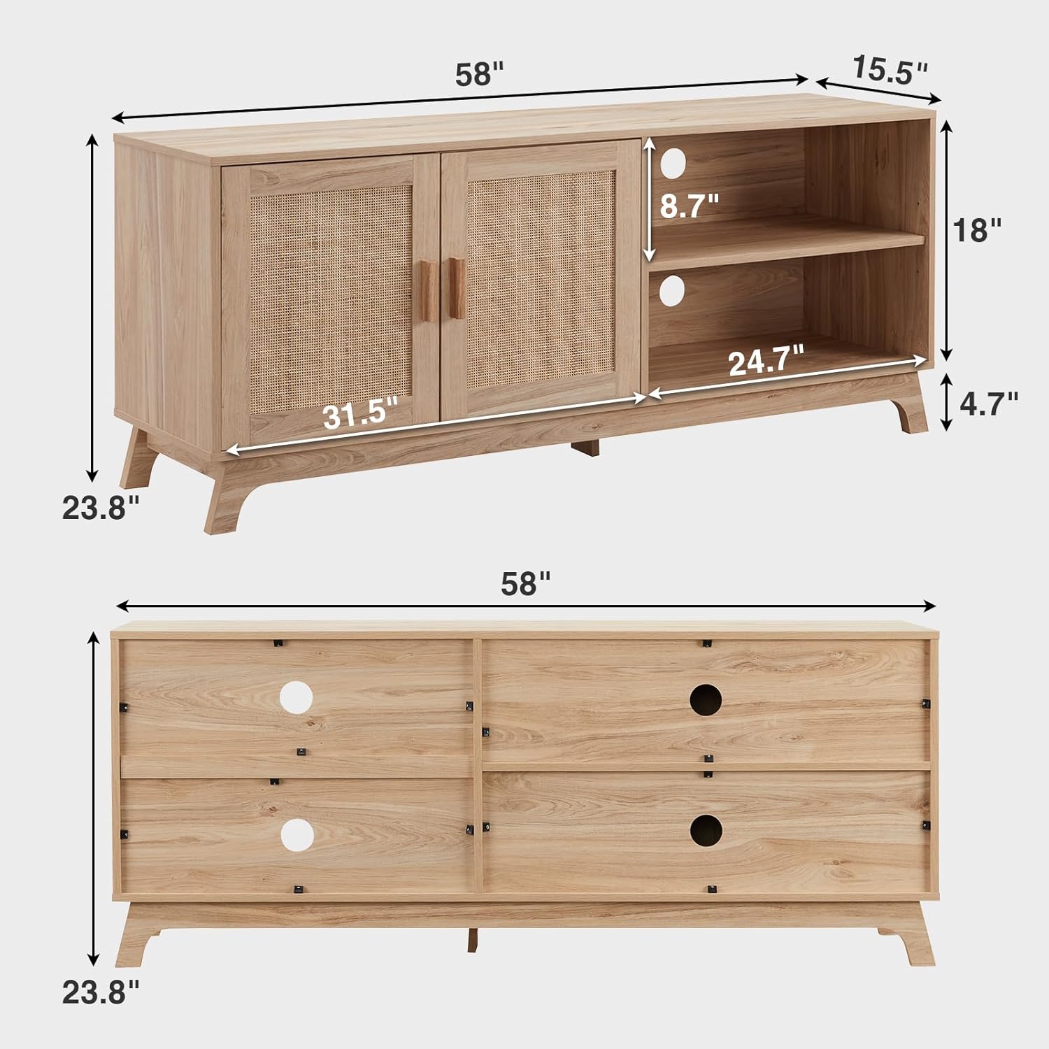 Okvnbjk TV Consoles for Living Room, Mid Century Modern TV Stand for 65 Inch TV, Rattan Entertainment Center, Media Console with Natural Rattan Doors & Adjustable Shelf, Boho TV Stand for Bedroom, Oak