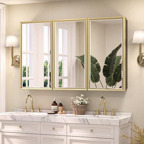 TETOTE 60x30 Inch Medicine Cabinet Silver Framed Bathroom with Mirror Aluminum Framed Surface or Recessed Wall-Mounted Medicine Cabinets Beveled Mirror with Storage 3 Door Modern Farmhouse