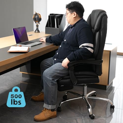 Big and Tall Office Chair 500lbs Reclining Office Chair with Footrest Executive Home Office Chair Soft Leather Computer Desk Chairs Brown