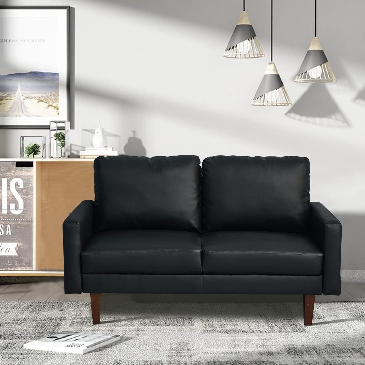 Leather Loveseat Comfy Sofa Modern Couch with Wooden Legs for Living Room, Office - Black