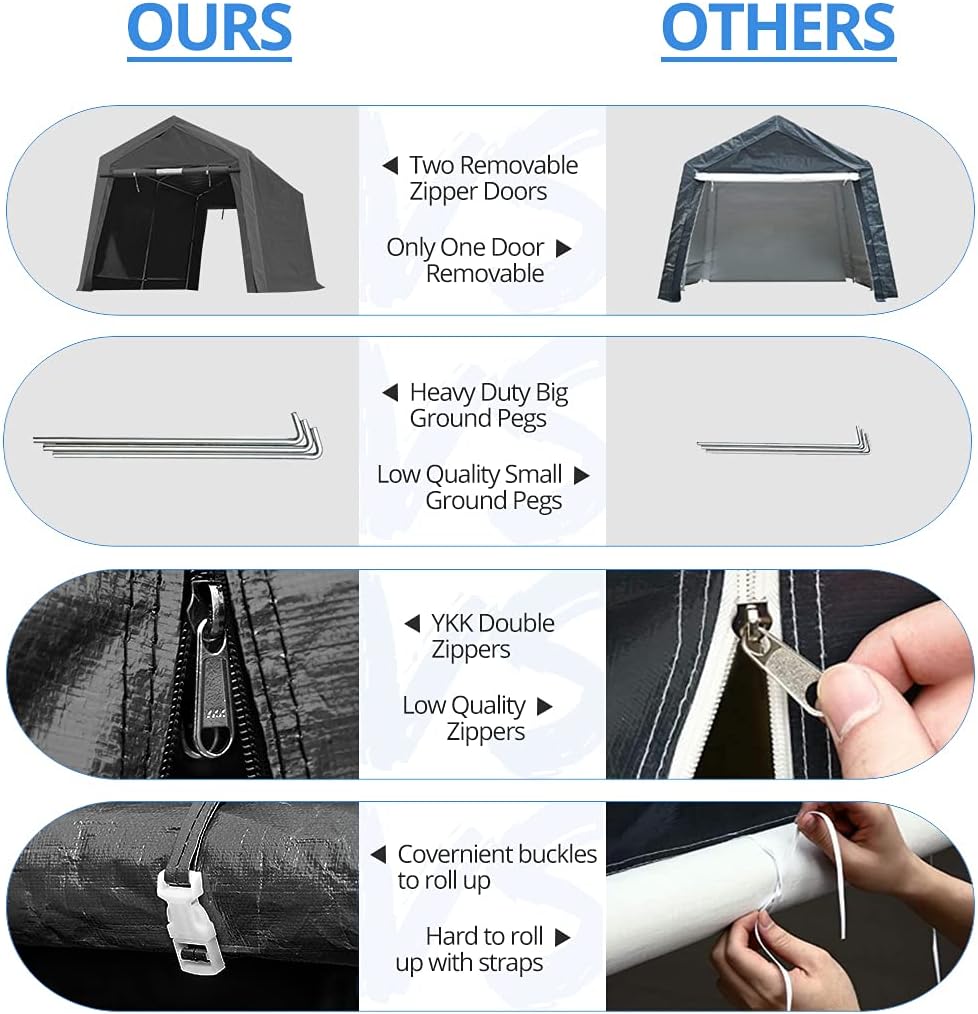 ADVANCE OUTDOOR 10x10 ft Heavy Duty Outdoor Patio Anti-Snow Portable Canopy Storage Shelter Shed Carport with 2 Roll up Zipper Doors & Vents for Snowmobile Garden Tools, Gray