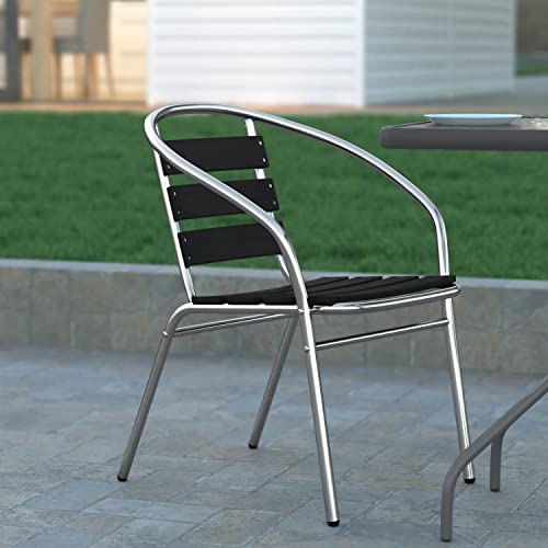 EMMA + OLIVER Rhea Aluminum Stacking Chair - Black Frame with Faux Teak Slats - Suitable for Indoor/Outdoor Use