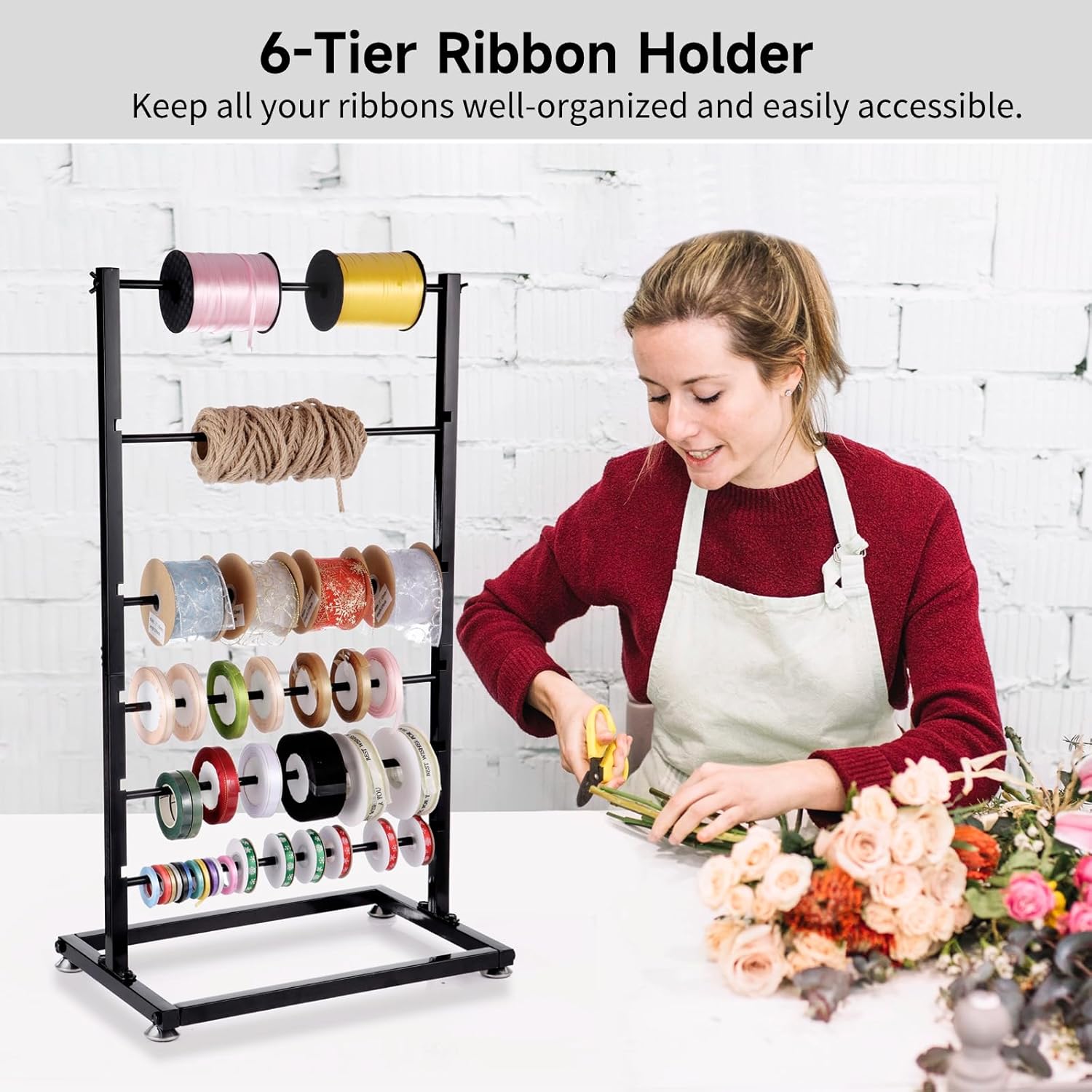 6-Tier Ribbon Holder, Large Capacity Ribbon Storage Rack, Height Adjustable Metal Spool Organizer, Countertop Ribbon Display Shelf Wrapping Paper Holder for Flower Store, Craft Room, Cake Shop