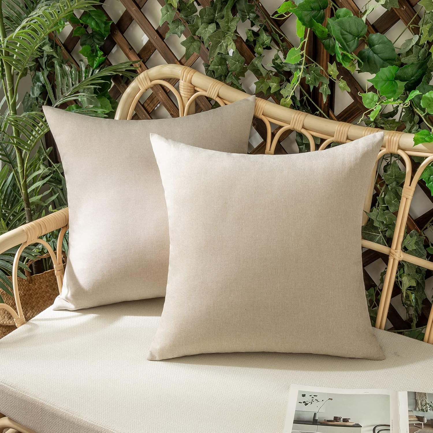 Woaboy Set of 2 Outdoor Waterproof Throw Pillow Covers Decorative Farmhouse Linen Pillowcase Solid Cushion Cases for Bedroom Living Room Sofa Chairs Beige 18x18 inch