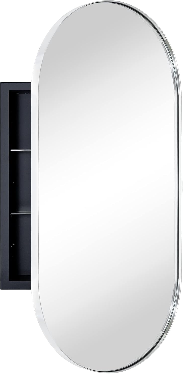 Chrome Oval Recessed Bathroom Medicine Cabinet with Mirror Stainless Steel Metal Framed Oblong Pill Shaped Bathroom Cabinet with Mirror 16x33''