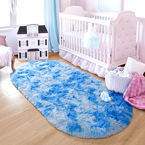 junovo Fluffy Oval Rug for Bedroom Soft Rainbow Area Rugs for Girls Room, Shaggy Colorful Rug for Kids Room, Plush Bedside Carpet for Teen Dorm Baby Nursery Home Decor, 2.6 x 5.3ft Tie-Dye Hot Pink