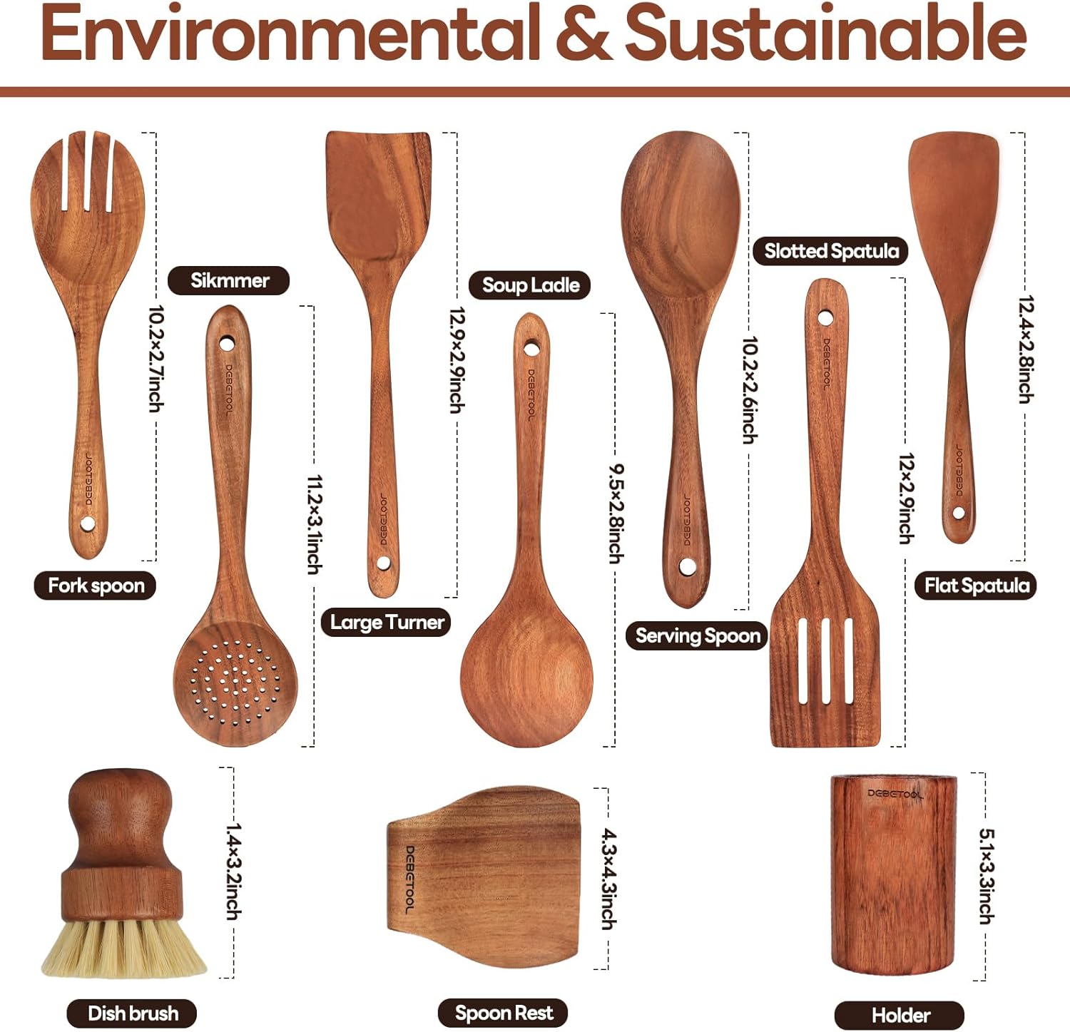 Wooden Spoons for Cooking, 10 piece Wooden Cooking Spoon Set with Utensil Holder, Spoon Rest, Dish Brush - Natural Teak Wooden Utensil Set for Home Cooking and Gift