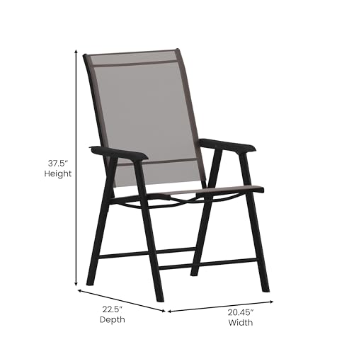 EMMA + OLIVER Priya Folding Patio Chair - Black Metal Frame - Brown Textilene Sling Style Seat - 352 lbs. Static Weight Capacity