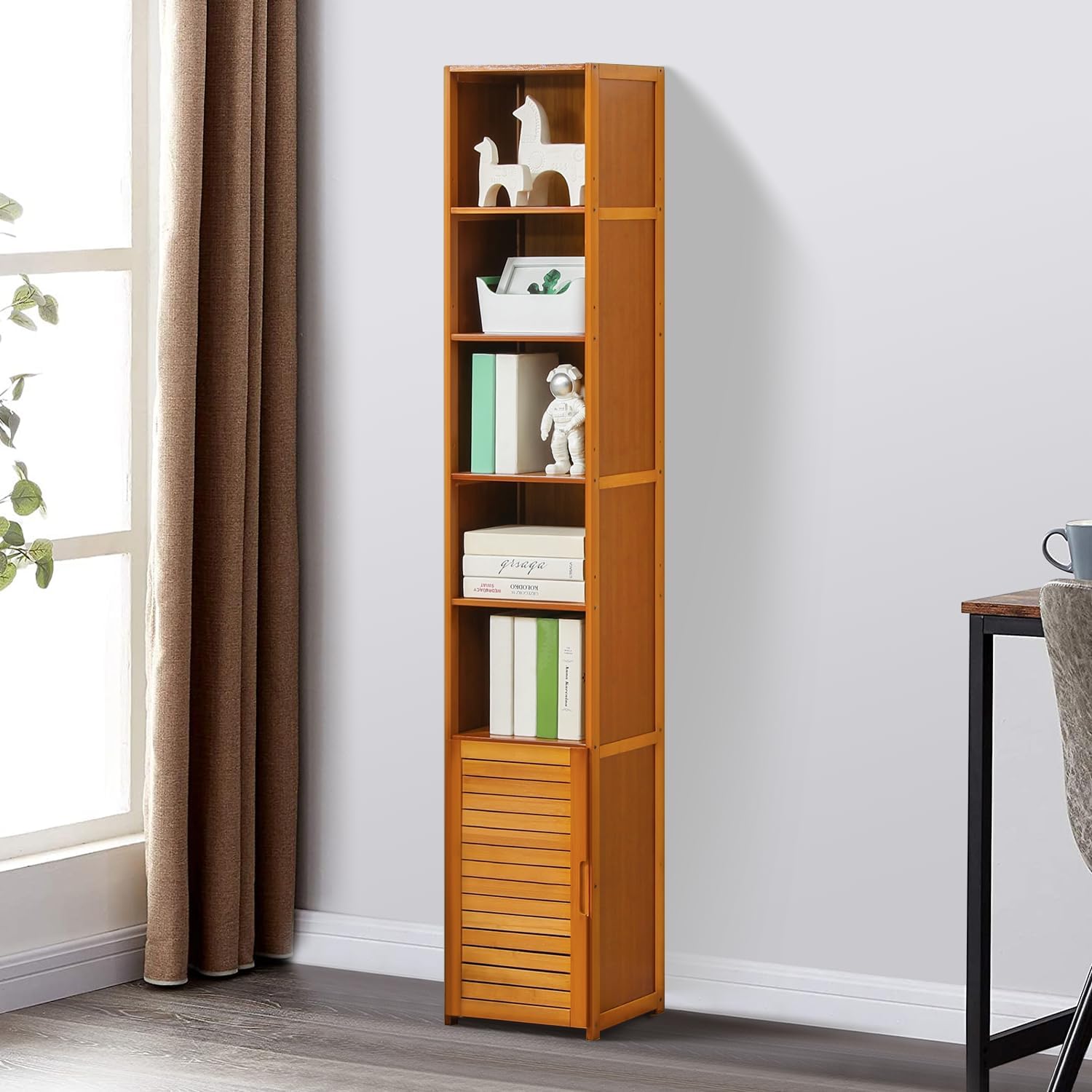Magshion Bamboo 7-Shelves Bookshelf with Blinds Door, Brown 69