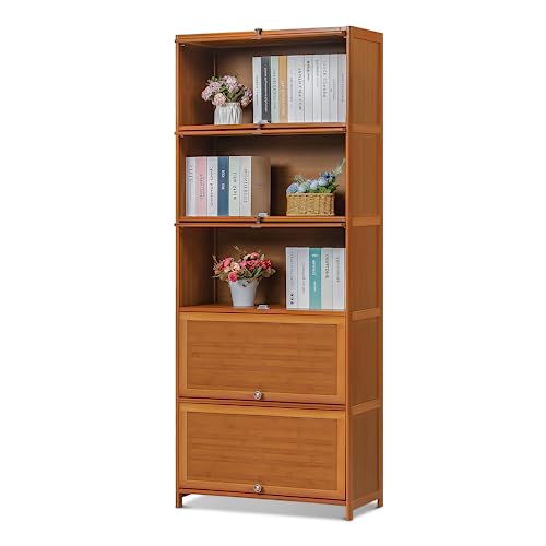 Magshion Brown Bamboo 3-Tier Storage Bookcase with Flip-Up Doors Freestanding Organizer for Home or Office, Pantry Cabinet Garage Shelf Closet 31.1