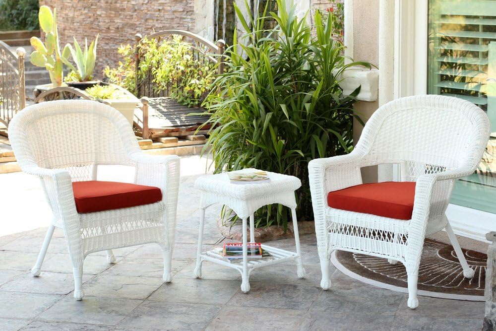 Jeco Carell Furniture 3 pc Wicker Conversation Set in White with Red Orange Cushions