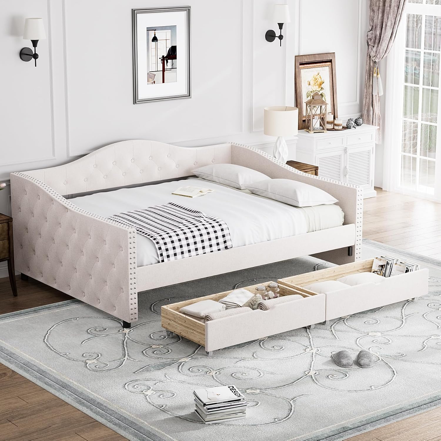 OUYESSIR Full Size Daybed with 2 Storage Drawers, Upholstered Linen Day Bed Frame with Full Wood Slats for Bedroom Living Room Guest Room, No Box Spring Needed, Beige