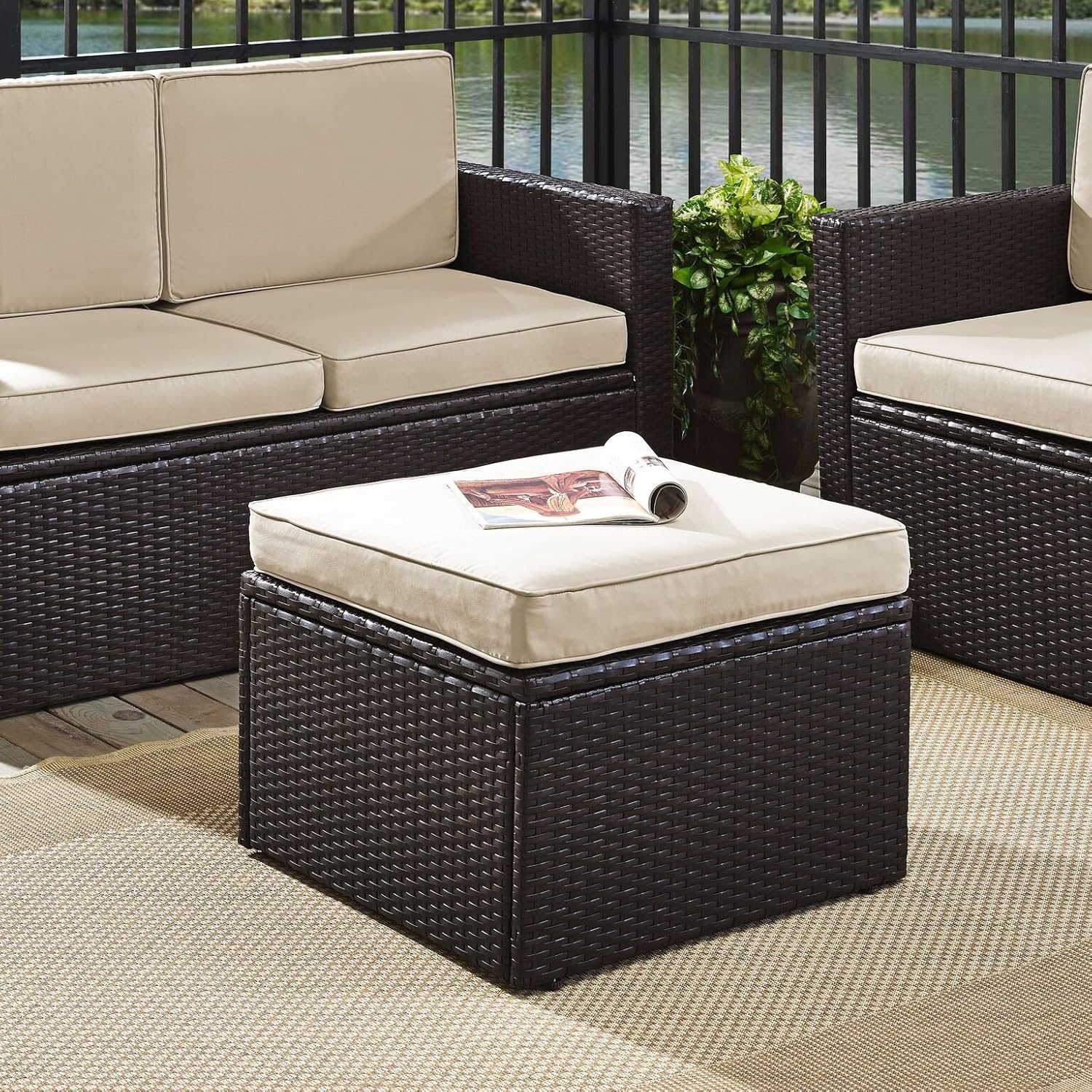 Crosley Furniture KO70091BR-SA Palm Harbor Outdoor Wicker Ottoman, Brown with Sand Cushions