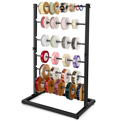 Aulin 6 Tier Large Capacity Ribbon Storage Organizer Rack - Metal Ribbon Spool Holder for Craft Ribbon Washi Tape Arts & Crafts Supplies, Ribbon Rack for Craft Room, Florist Arts Wrapping (Black)