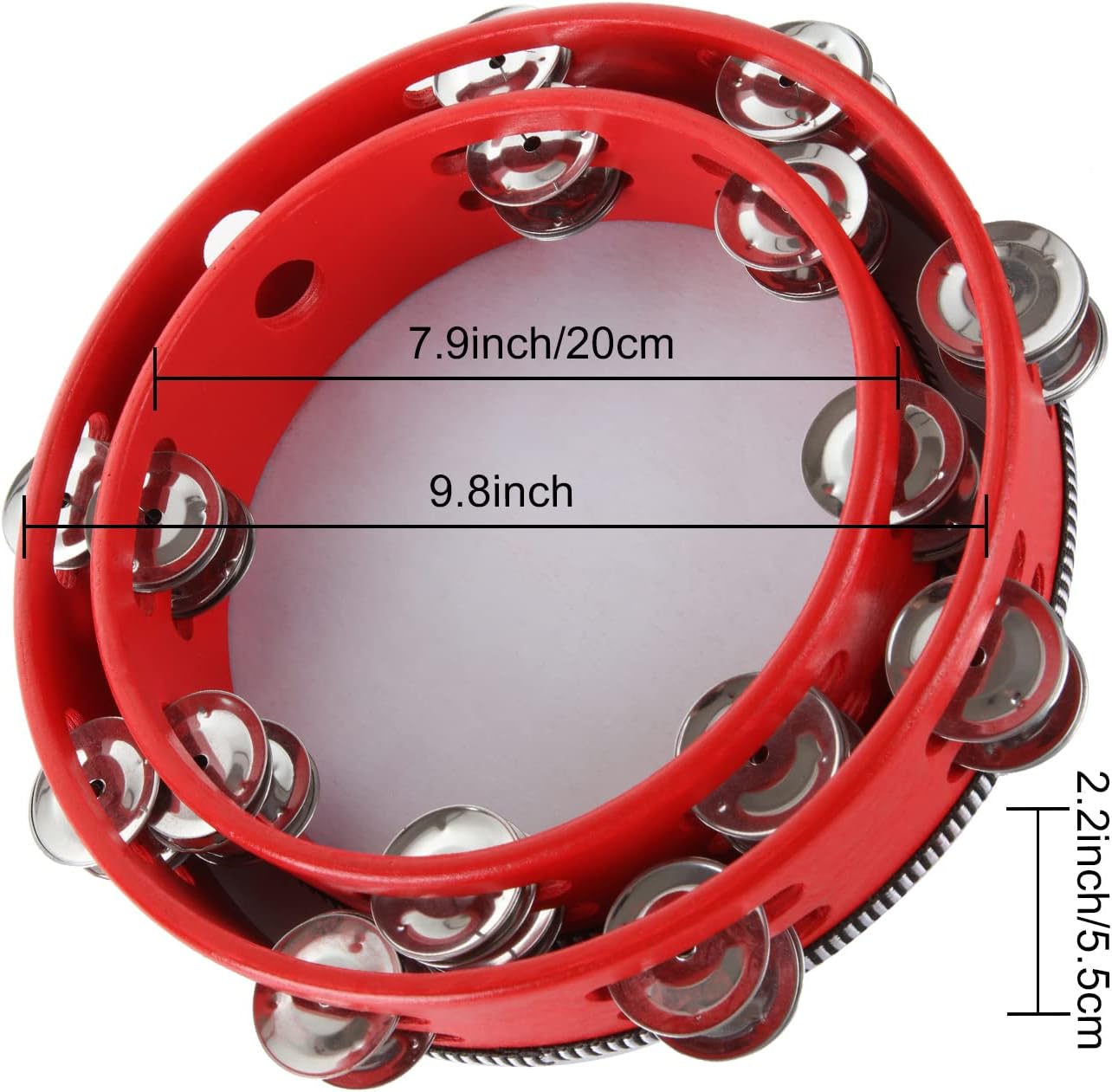 2 Pack Tambourine 8 & 10 Inch Tambourine Drum for Adults, Double Row Metal Jingle Bells Wood Handheld Tambourines Musical Percussion Instrument for Party, KTV, Church, Red