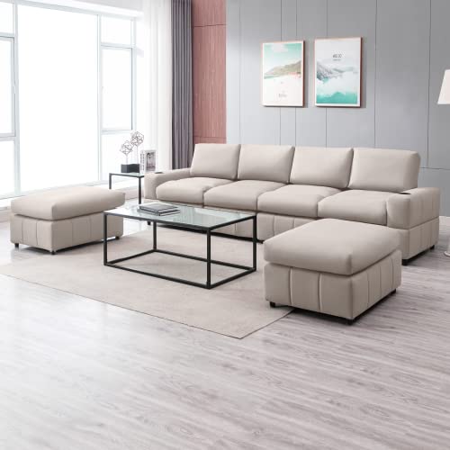 Convertible Modular Sectional Sofa with Movable Ottoman,Faux Leather U Shaped Oversized Couches with Chaise,L Shaped Sofa with Cup Holders,6 Seat Sofa Free Combination for Living Room-Beige