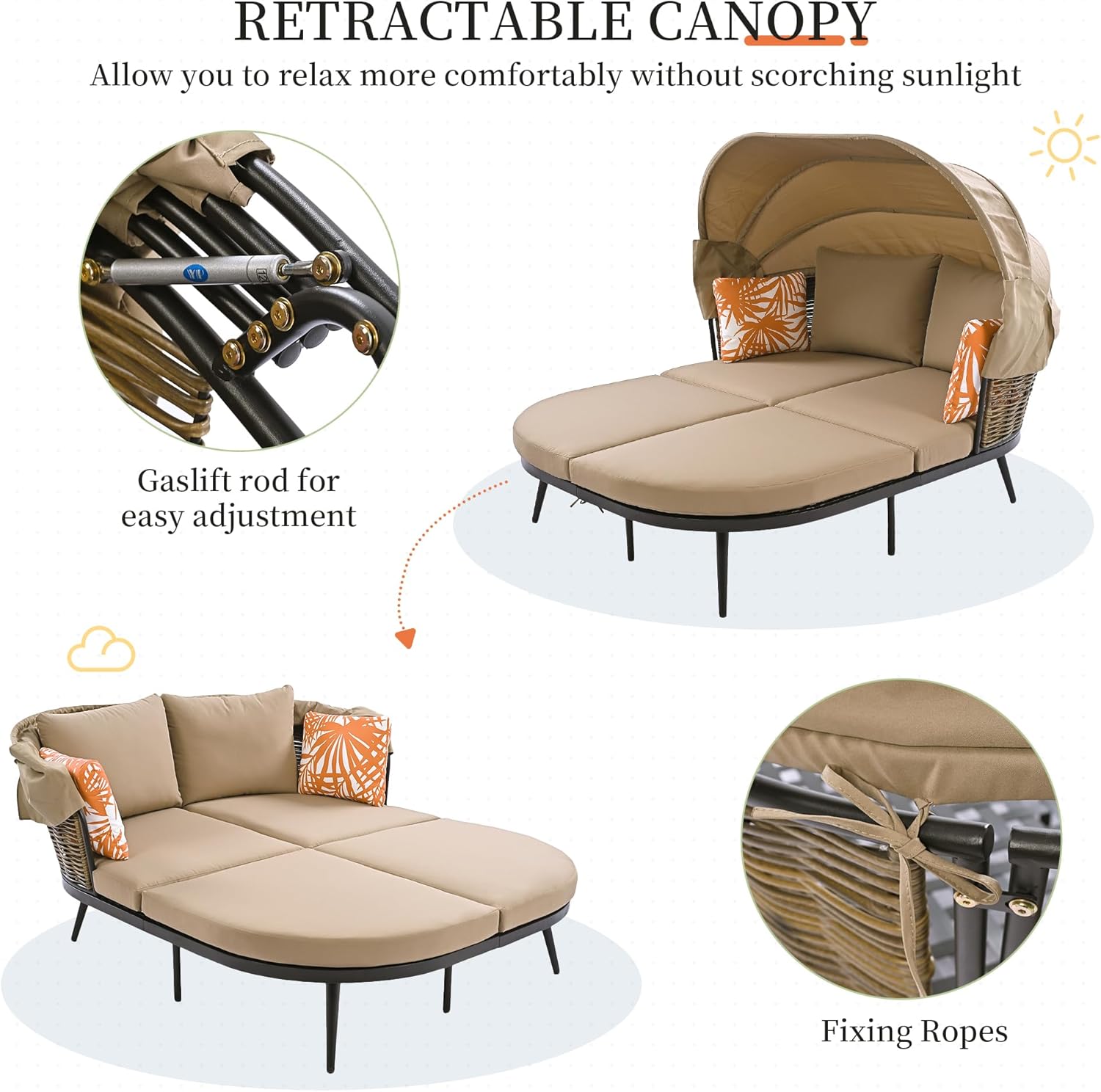 Patio Daybed Double Chaise Lounge with Retractable Canopy, Cushions and Metal Frame, Outdoor PE Wicker Back Loveseat Sofa Set for Backyard, Poolside, Garden, Brown