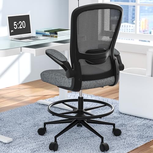 Mimoglad Drafting Chair, Tall Office Desk Chair with Flip-up Armrests Executive Ergonomic Computer Standing Desk Chair with Lumbar Support and Adjustable Footrest Ring (Black)
