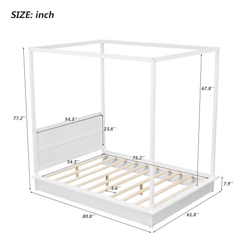 King Size Canopy Bed with LED Light, Wooden Canopy Platform Bed with Headboard and Slat Support for Kids Teens Adults, No Box Spring Needed, White