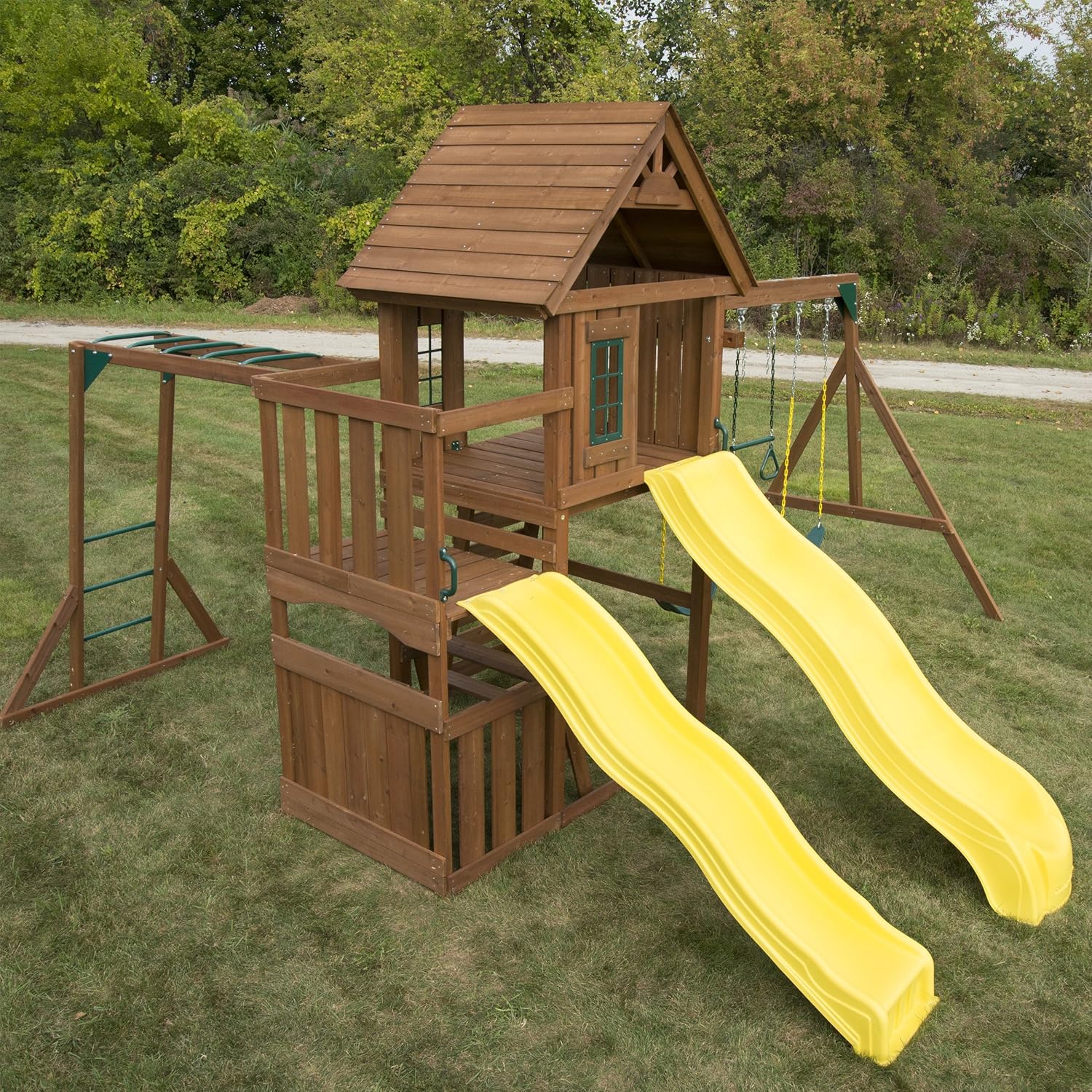 Swing-N-Slide WS 8356 Wooden Timberview Play Set with Two Slides, Monkey Bars, Wood Roof, Climbing Wall and Swings, Wood , Brown