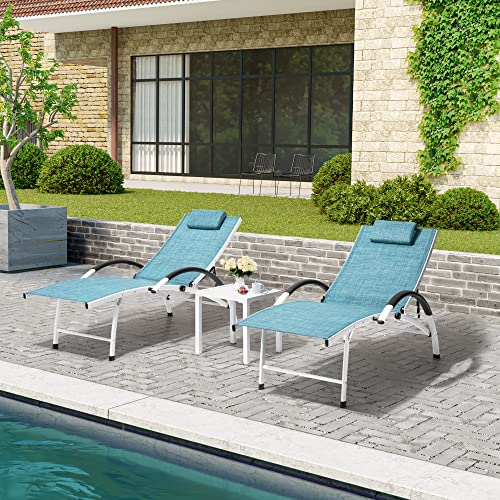 Crestlive Products 2PCS Aluminum Chaise Lounge Chairs Outdoor with 1PC Side Table, Adjustable Five Positions Recliner for Beach Patio Pool Sunbathing Lawn, Yard