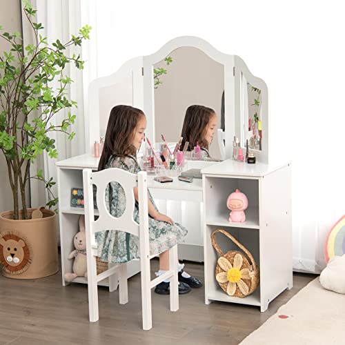 INFANS Kids Vanity, 2 in 1 Princess Makeup Desk & Chair Set with Tri-Folding Detachable Mirror, Large Storage Shelves, Wooden Pretend Play Dressing Table for Girls