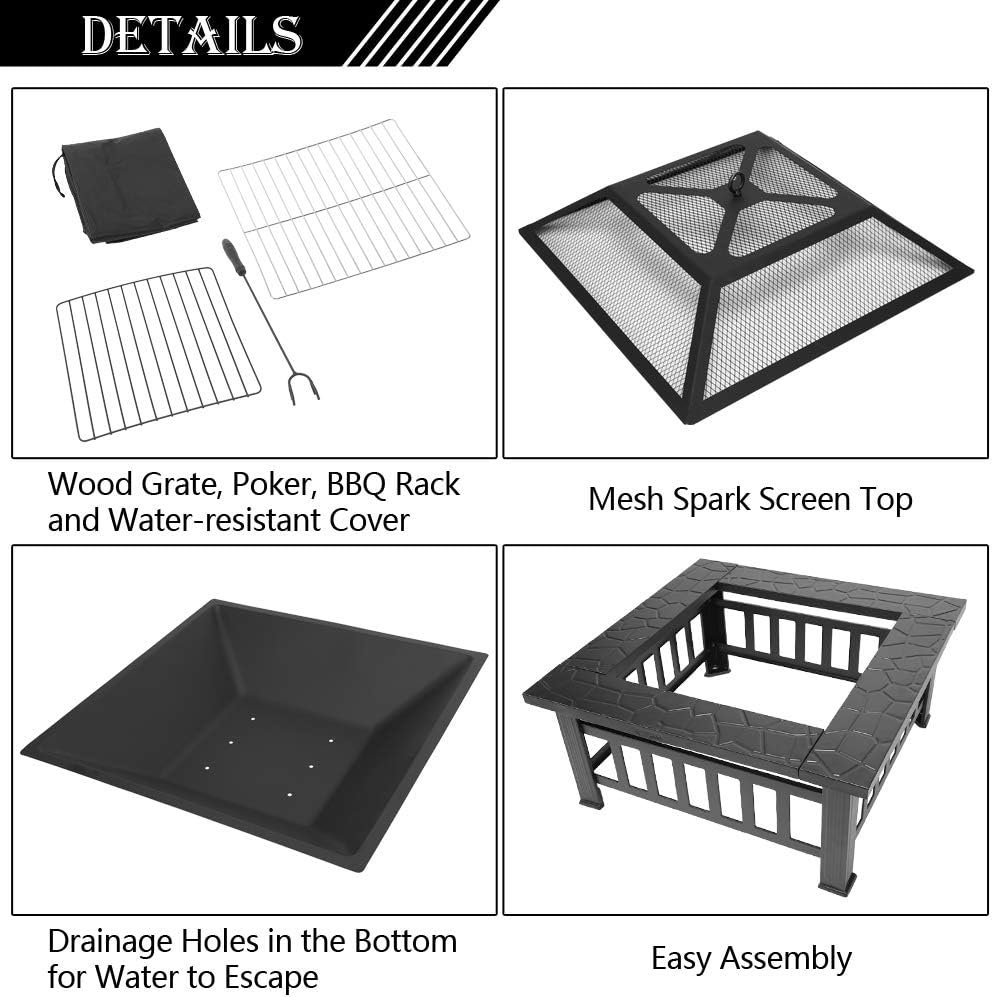 VINGLI 32in Large Fire Pit with Spark Screen Cover, Log Grate, Poker Outdoor Square Metal Portable Fire Pit Wood Burning Firepit Stove Bowl BBQ Grill for Camping Patio Backyard for Christmas Party