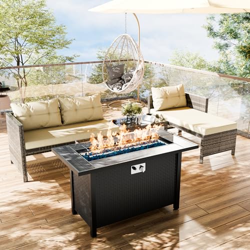 SUNLEI Wicker Patio Conversation Furniture Set or with Outdoor Pit Table (Silver Rattan/White, 3 PCS Sofa + Table)