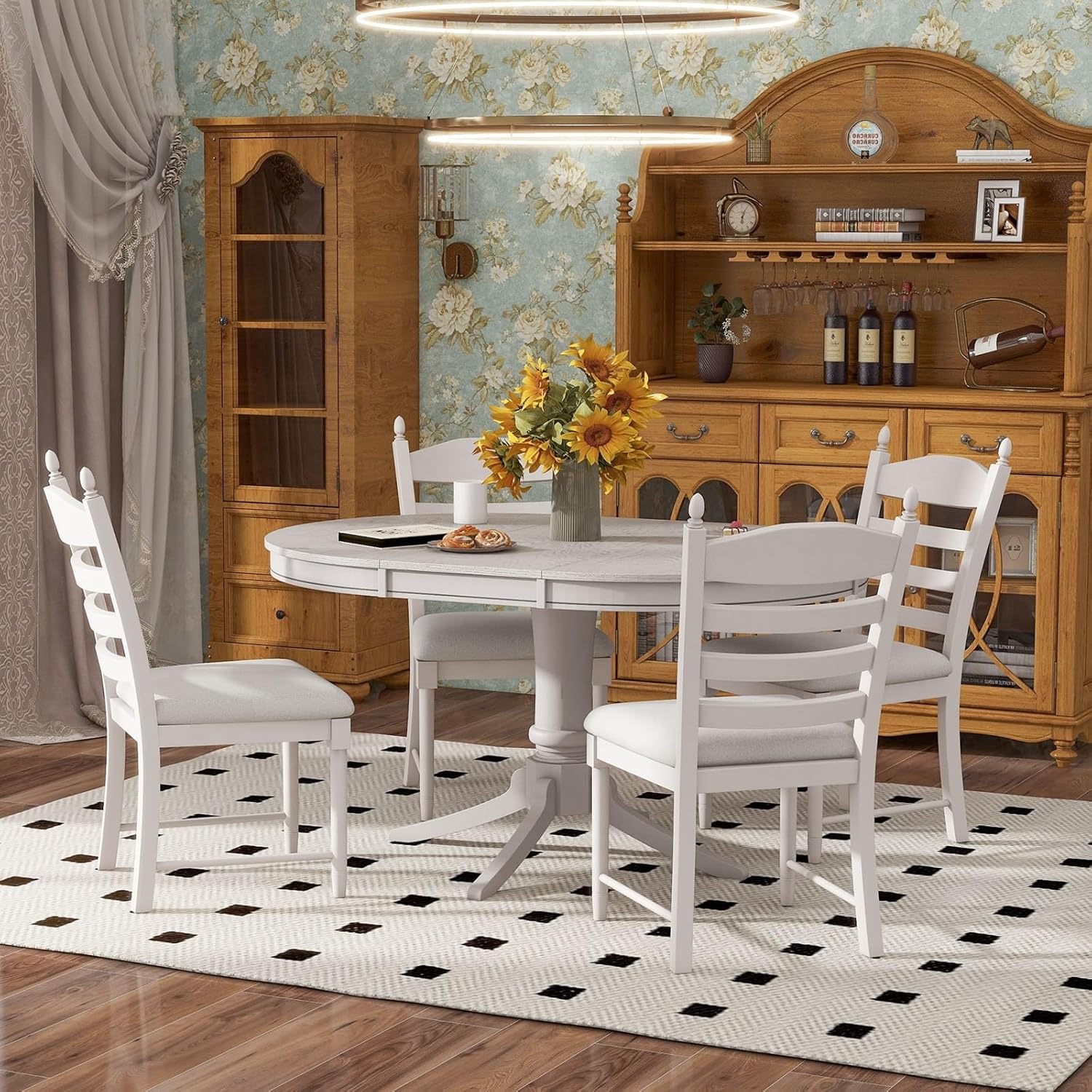 5-Piece Retro Functional Dining Table Set Wood Round Extendable Dining Table and 4 Upholstered Dining Chairs (White),Antique White