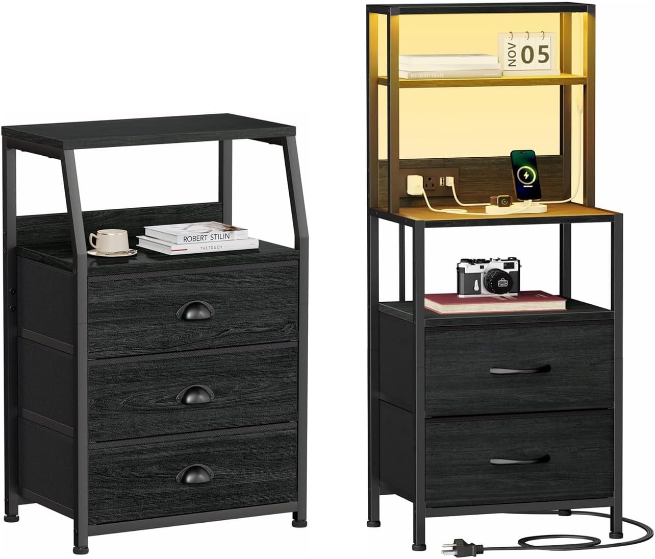 Furnulem Tall Nightstand with 2 Drawers and Charging Station, End Table Side Furniture for Closet, Hallway, Nursery, Sturdy Steel Frame, Wood Top (Black Oak)