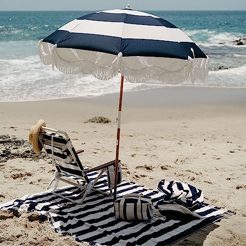 Business & Pleasure Co. Holiday Umbrella - Boho Beach Umbrella with White Fringe, UPF 50+, 1