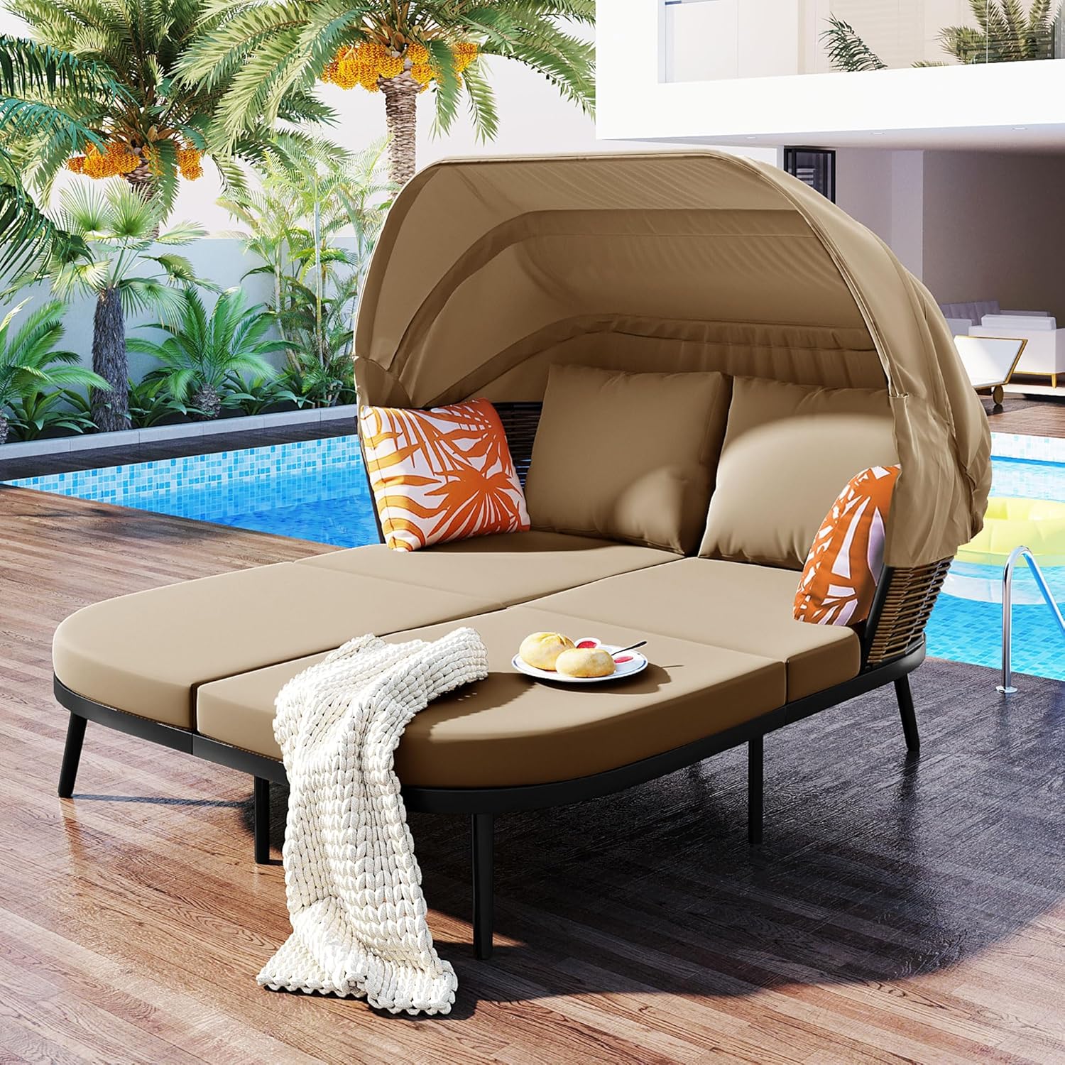 Patio Daybed Double Chaise Lounge with Retractable Canopy, Cushions and Metal Frame, Outdoor PE Wicker Back Loveseat Sofa Set for Backyard, Poolside, Garden, Brown
