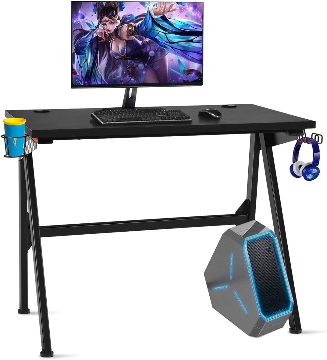 POWERSTONE Gaming Desk 40 inch PC Computer Desk Ergonomic Racing Gaming Table Gamer Workstation with Cup Holder Headphone Hook & 2 Cable Management Holes