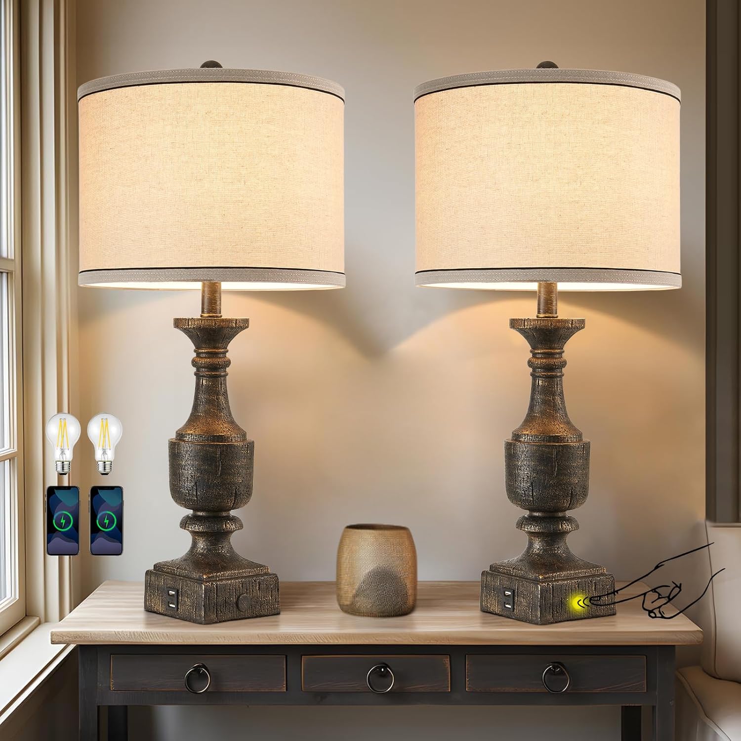 Set of 2 Vintage Table Lamps for Living Room Bedroom Bedside, 3 Way Touch Dimmable Nightstand Lamp with 2 USB Ports, Farmhouse Rustic Traditional Resin Lamps, 2 Bulbs Included