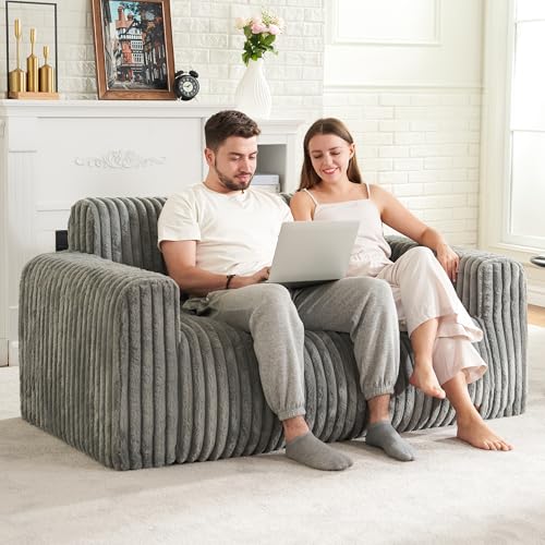 Bean Bag Chairs for Adults Large Fluffy Bean Bag Sofa Two-seat BeanBag Chair with Armrest Plush Comfy Chair with Handle Foam Loveseat for Living Room, Bedroom, Apartment, Dorms(Grey, Large)
