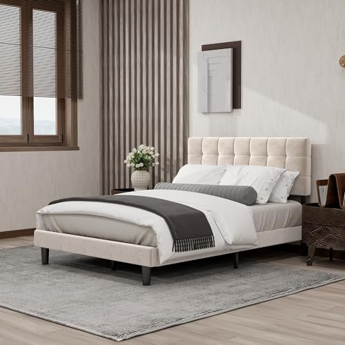 Upholstered Full Size Bed Frame Platform with Adjustable Headboard Wood Slats Support No Box Spring Needed Easy Assembly Linen Black