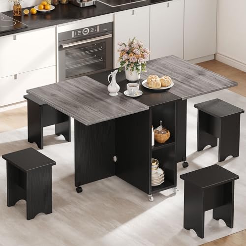 DWVO 5 Pieces Folding Extendable Dining Table Set with 4 Chairs for 4 Peoples, 55'' Drop Leaf Wood Kitchen Dining Room Table Set with Storage and 6 Wheels for Small Space Saving, Grey Oak