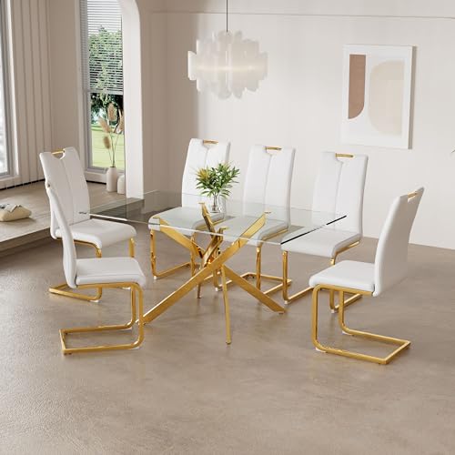 Modern Luxury Dining Table Set for 6, Dining Room Table Set for 6 with Chairs, Rectangular Glass Dining Table & PU Leather Metal Chairs,Kitchen Table Set for Small Spaces, White & Gold