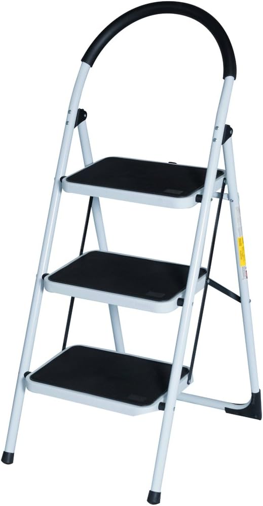 Good Life EN131 Folding 3 Step Ladder Home Depot Steel, Lightweight 300 lb Capacity with Hand Grip Anti-Slip and Wide Pedal
