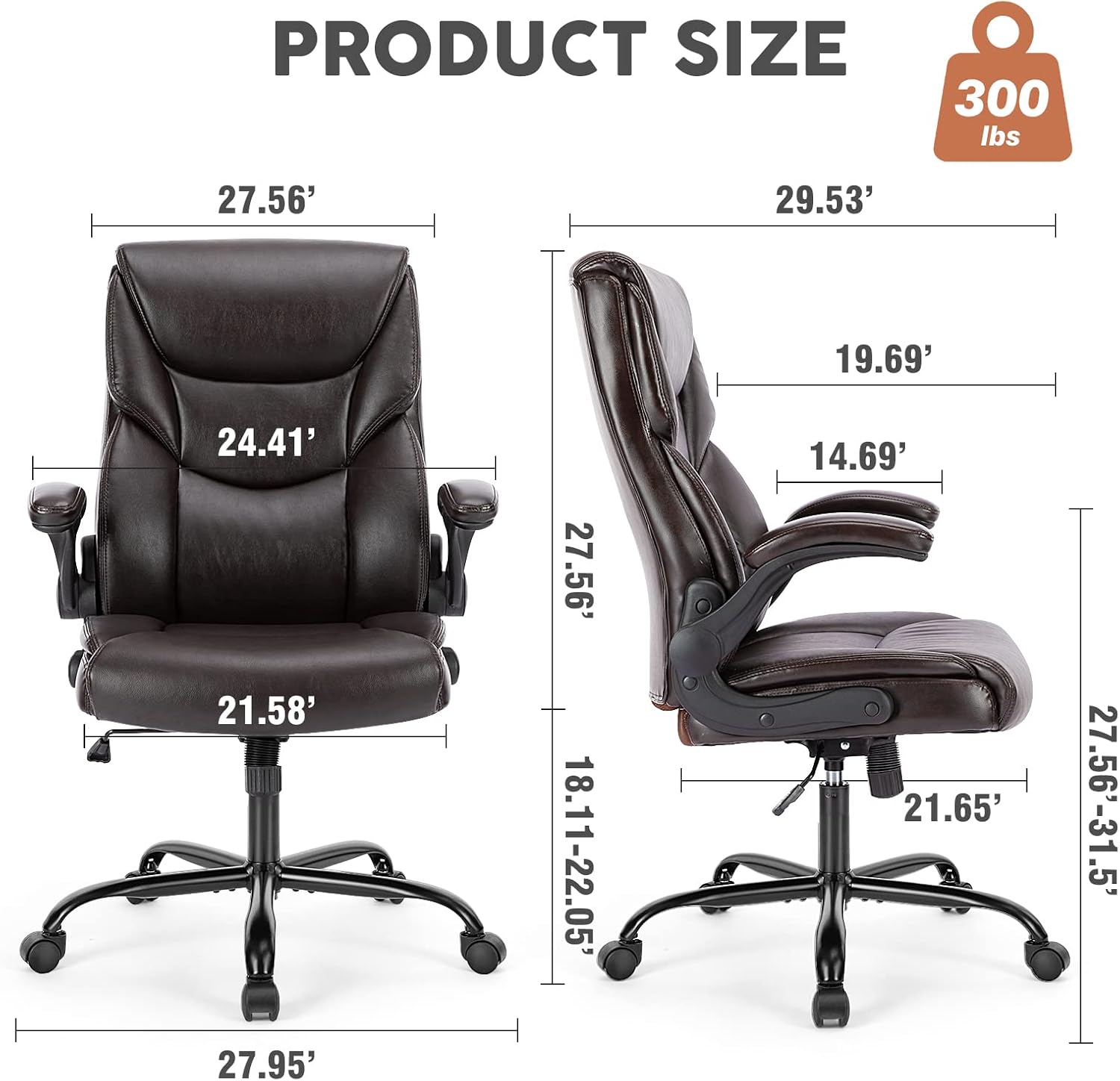 Executive PU Leather High Back Flip-Up Armrest Adjustable Ergonomic Home Office Desk Chair, Brown