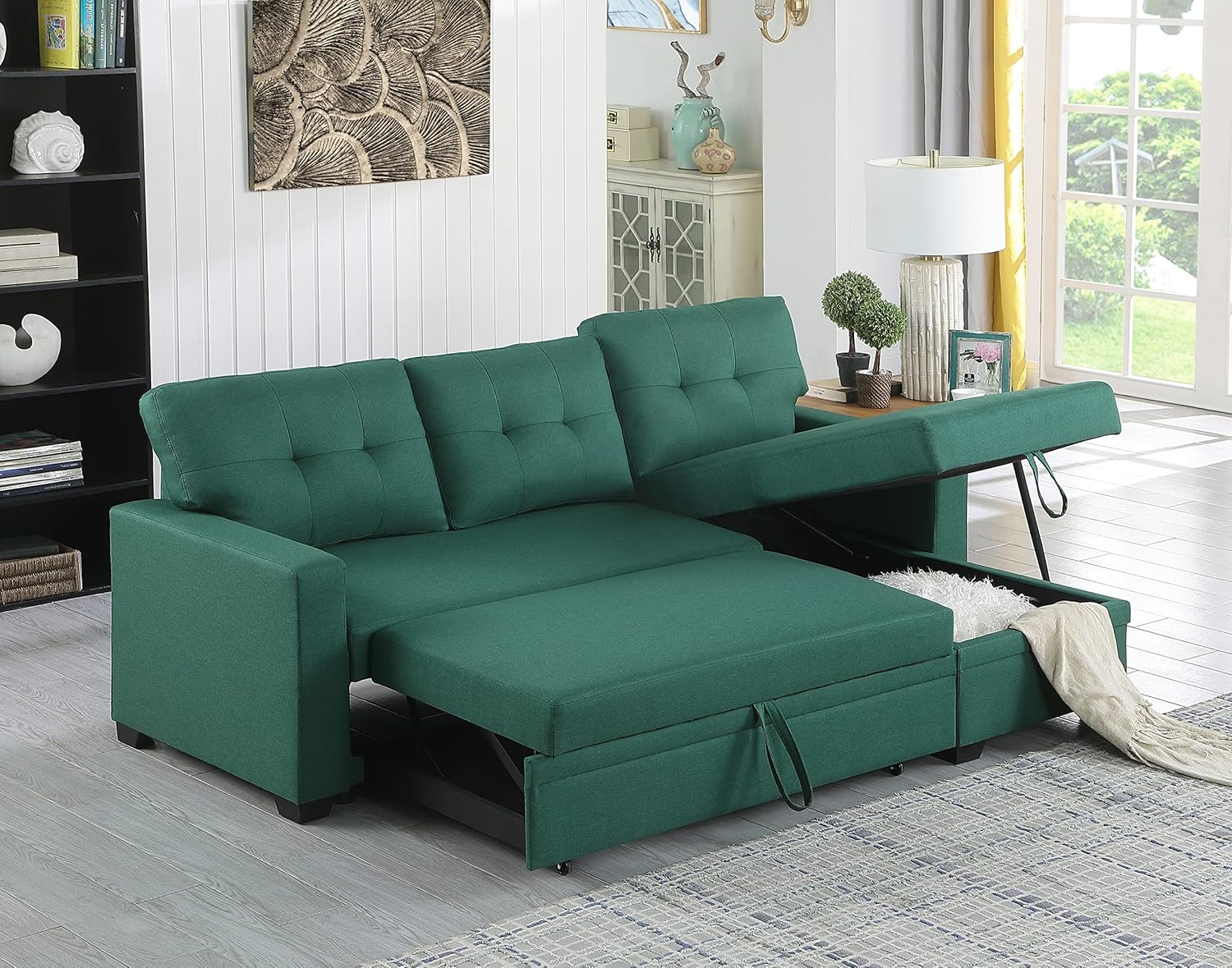 Upholstered Pull out Sectional Sofa with Chaise (Green)