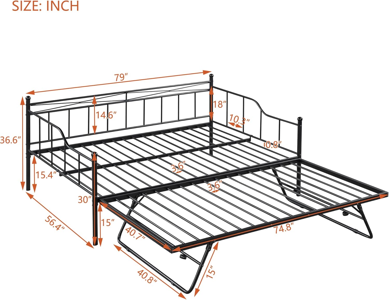 Bellemave Full Size Daybed with Trundle Heavy-Duty Metal Day Bed Frame Twin Adjustable Beds for Living Room Bedroom, Black