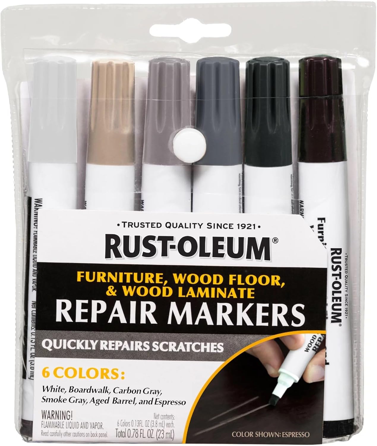 Rust-Oleum Furniture, Wood Floor and Wood Laminate Repair Markers, 6 Count, White, Boardwalk, Aged Barrel, Carbon Gray, Smoke Gray and Espresso, ‎Cool Tones, 376990