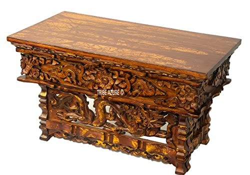 Tribe Azure Fair Trade Small Altar Table, Meditation Table Altar, Small Puja Table, Natural Wood Wiccan Buddhist Table, Tea Table Japanese, Small Low Side Table (Brushed Gold Dragon)