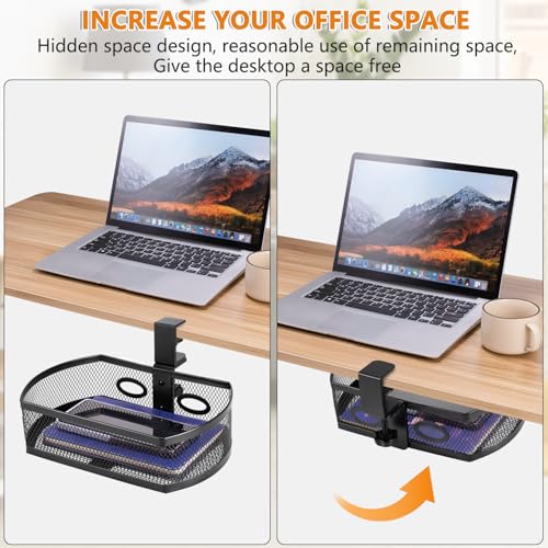 【360 degree rotation】 under desk drawer Clamp-on Swivel Alloy Steel Drawer Hidden Desktop Organizer Pen Holder Easy to Instal/High capacity/desk drawer desk accessories (Square-Black)