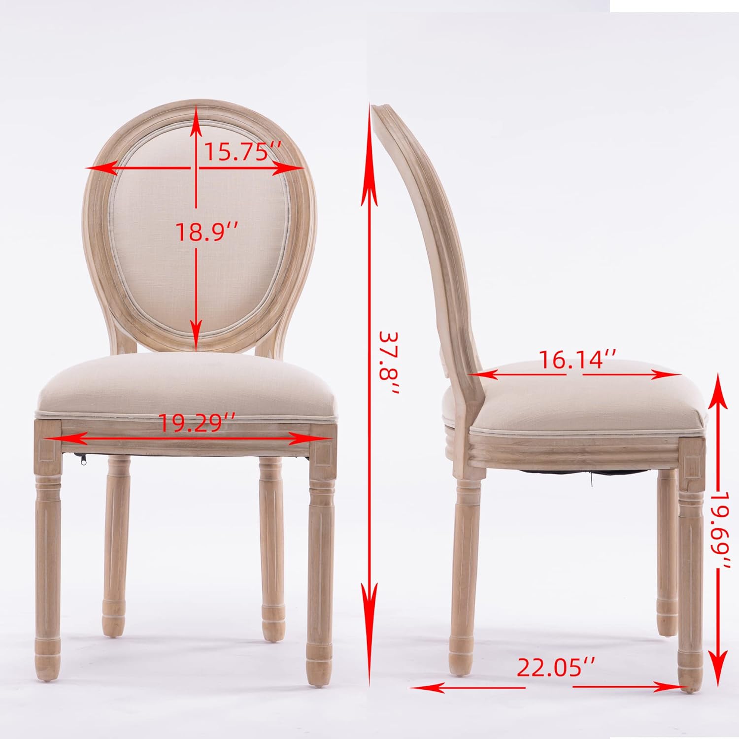 GIA French Style Dining Chairs with Linen Fabric Oval Back and Wood Frame, Set of 2, Beige